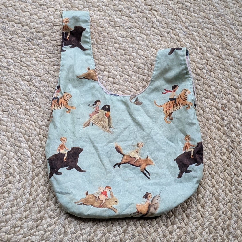 Handmade Reversible Whimsical Animal And Book Print Project Or Lunch Bag